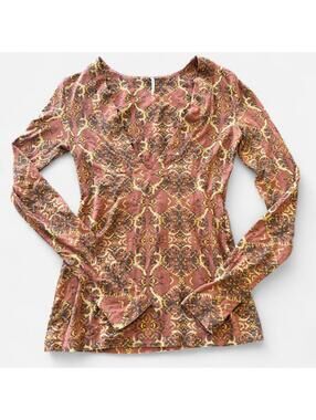 Free People Soft Boho Long Sleeve Top With Metal Hoop Neckline Embellishments